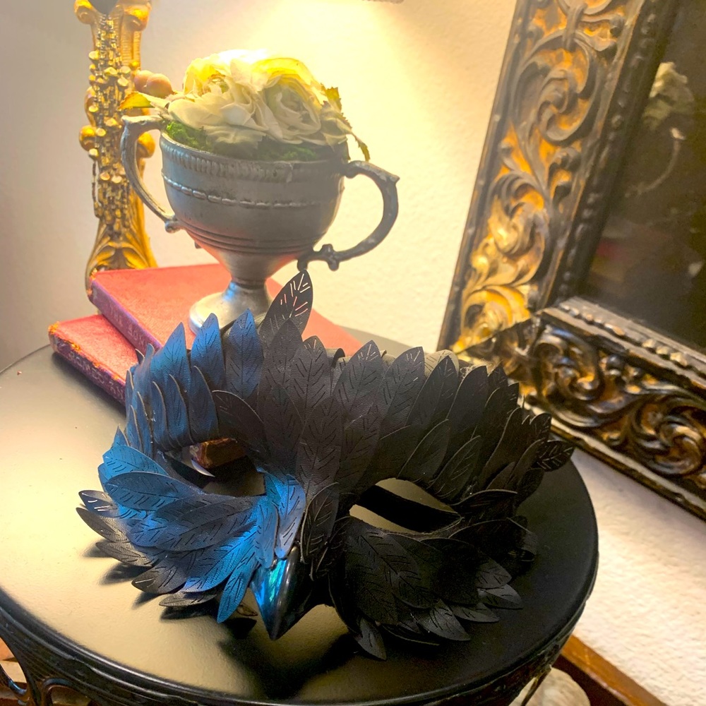 Black leather feather mask.